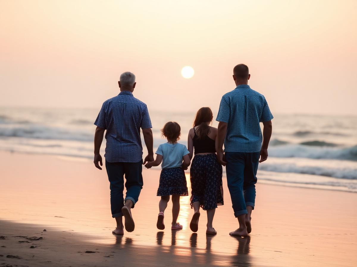 A family walking on a beach at sunrise