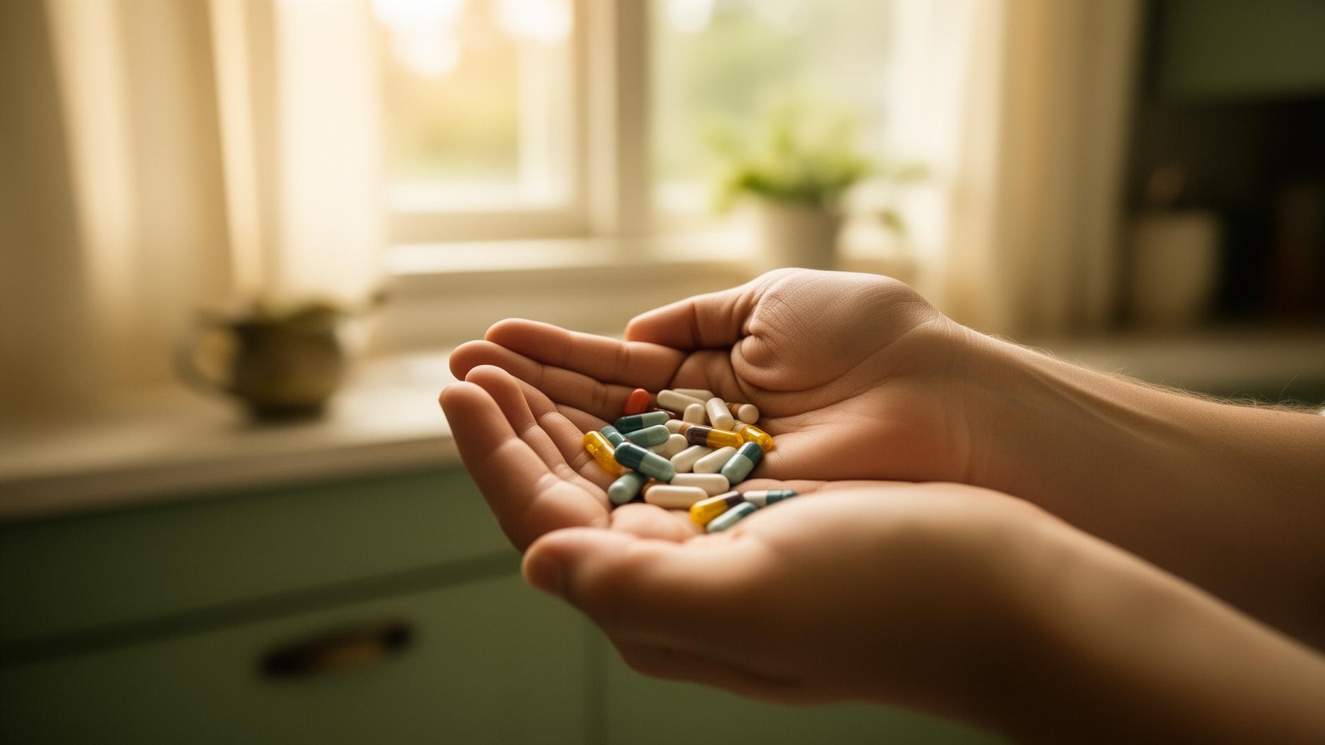 A pair of cupped hands holding prescription pills in soft morning light