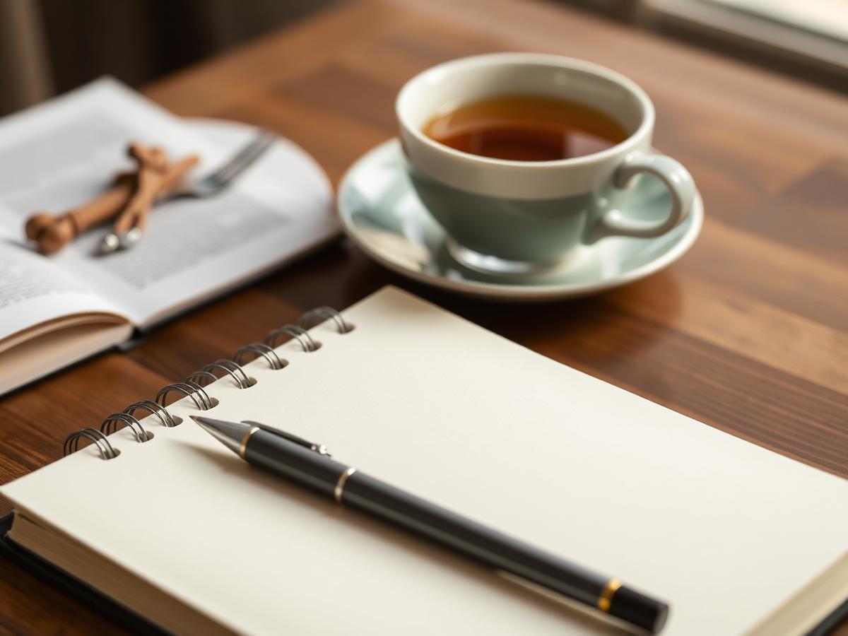 A journal and pen on a wooden table